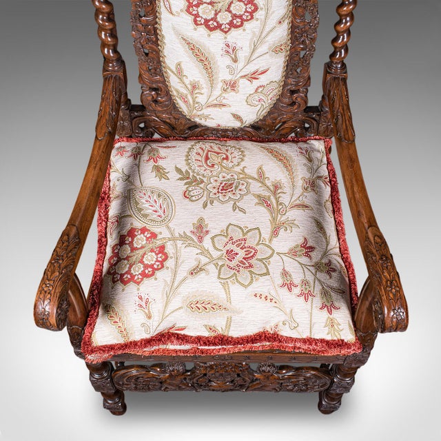Pair of Antique Charles II Revival Arm Chairs, English, Elbow Seat, Edwardian For Sale - Image 6 of 12