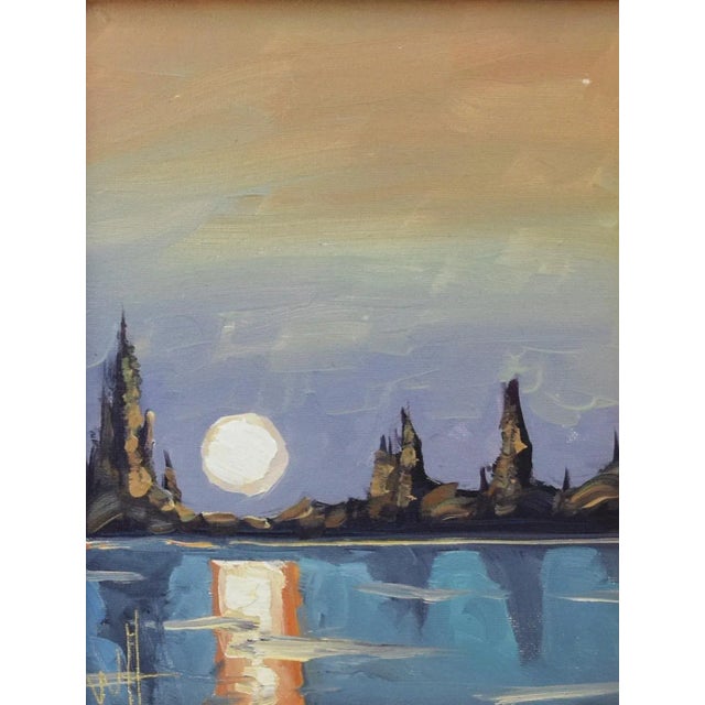 William Hawkins Reflecting Full Moon & Lake Landscape Oil Painting Including the Antiqued Gold Wood Frame For Sale - Image 4 of 7