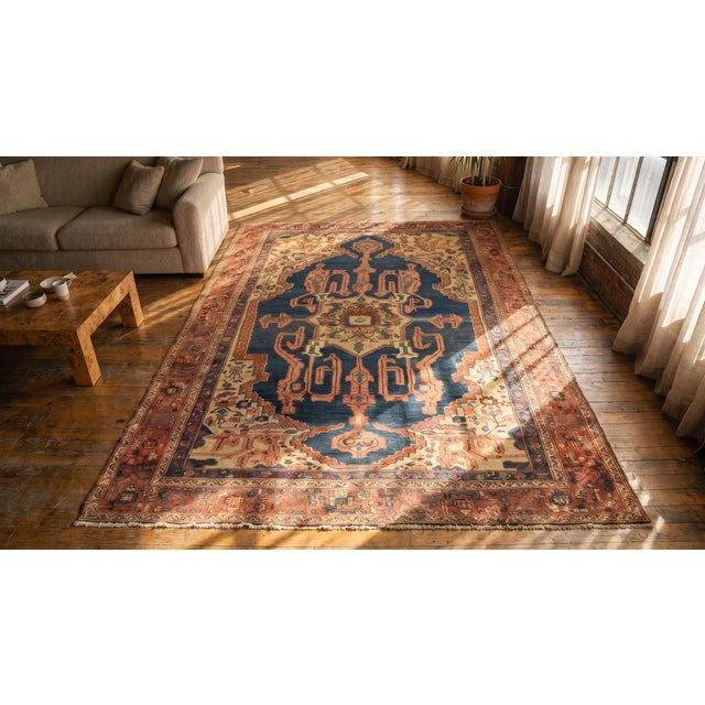 1870s Blue Navy Medallion Tribal Antique n.w. Persian Bakshaiesh Rug 9' X 12' Handknotted Wool Carpet For Sale - Image 17 of 18