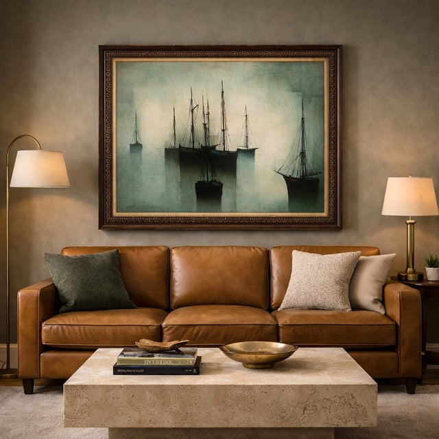 Wood Framed Large-Scale 1960s French Modern Harbor Scene Oil Painting (43" × 36") For Sale - Image 7 of 17