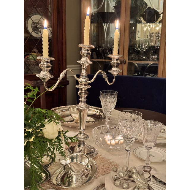 English MOS2026Antique Silver Plated Three Arm English Candleabras - A Pair For Sale - Image 3 of 18