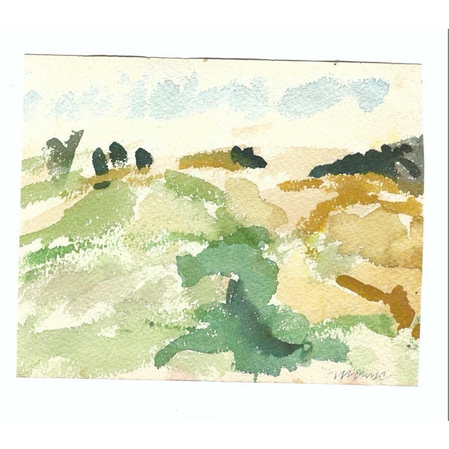 1950s unsigned watercolor on paper of an artist working with watercolors. Double sided with an equally good landscape....