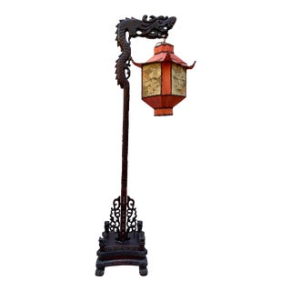 1920’s Chinese Export Hand Carved Dragon Floor Lamp With Silk Shade For Sale
