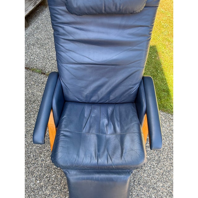 Modern Vintage Nepsco Backsaver Bentwood Frame Reclining Chair With Blue Leather Upholstery Relax the Back For Sale - Image 3 of 11