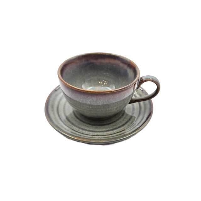 Vietnamese Dual-Glaze Stoneware Ceramic Coffee Cups and Saucers With Spiral Motif - Set of 4 For Sale - Image 4 of 8
