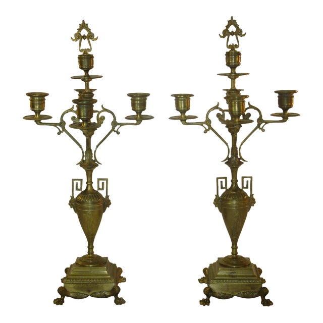 Antique Bronze Candelabras Neoclassical French Urn Grand Tour, Greek Kye 5-Light Candlesticks For Sale