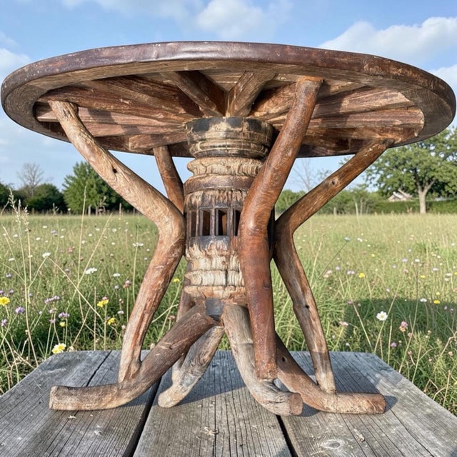Campaign Antique Hardwood Rustic Hardwood Wagon Wheel Center Table For Sale - Image 3 of 7