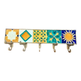 Vintage Brass Wall Rack With Art Deco Revival Ceramic Tiles For Sale