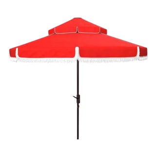 Outdoor Milan Fringe 9ft Double Top Crank Umbrella - Red For Sale