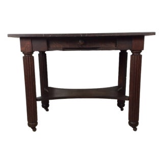 Antique Oak Writing Table With Drawer and Turned Wood Legs on Wheels For Sale