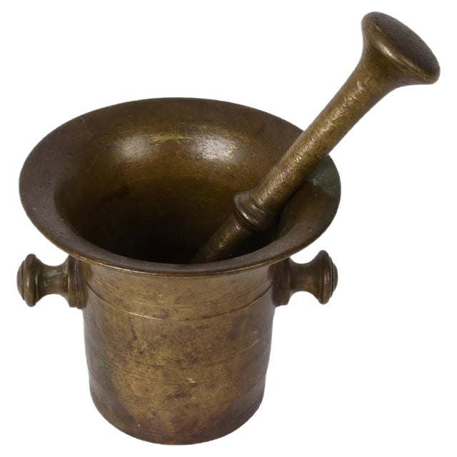 19th Century Grand Tour Antique Handmade Bronze Mortar with Pestle For Sale