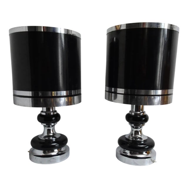 Vintage Space Age Chrome and Black Table Lamps from Massive, 1970s, Set of 2 For Sale