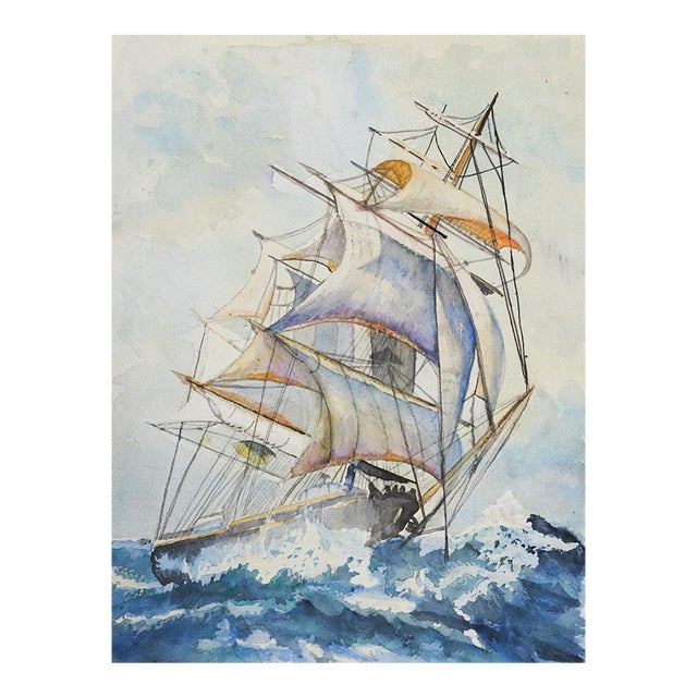 Late 20th Century Sailing Ship Watercolor Painting For Sale