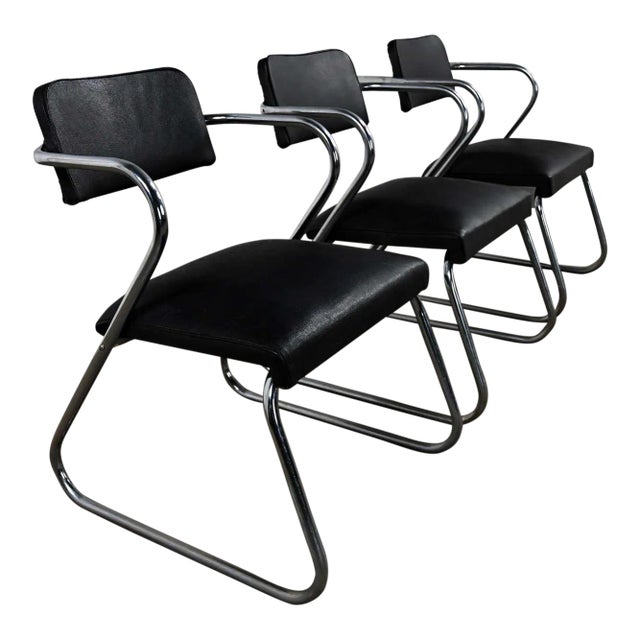 Vintage Art Deco Set of 3 Chrome Tube & Black Faux Leather Chairs