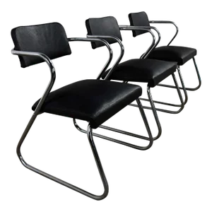 Vintage Art Deco Set of 3 Chrome Tube & Black Faux Leather Chairs In the Style of Kem Weber Z Chair
