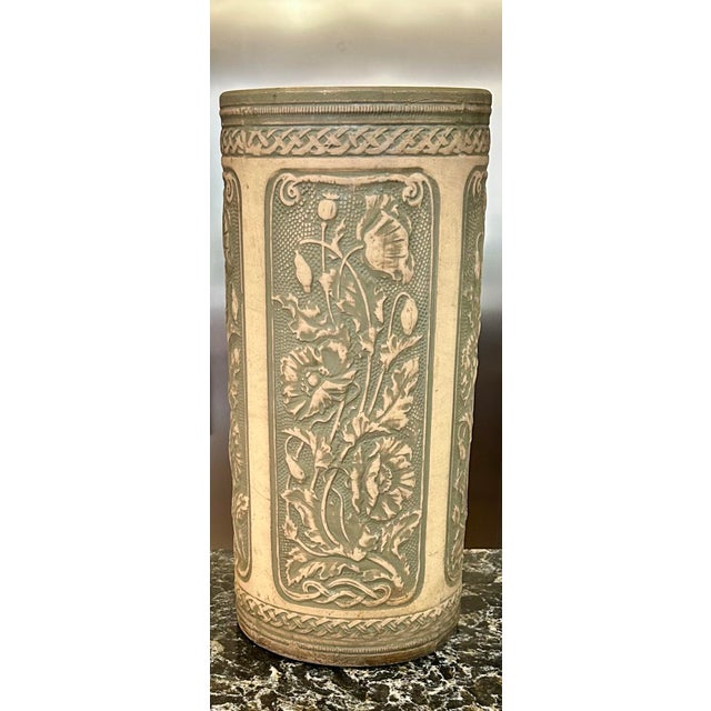 A Robinson Ransbottom, 1926, Art Nouveau, Victorian, Luxor Antique, Blue-Green, Poppy-Patterned Pottery, Umbrella/Cane Stand/Vase For Sale In South Bend - Image 6 of 9