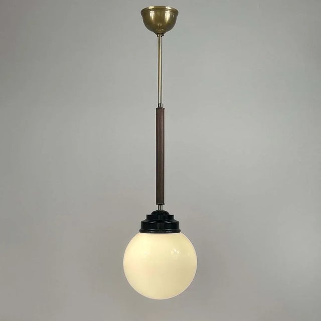 1940s Opaline Glass, Bakelite and Wood Pendant from Sieverts Kabelverk, Sweden, 1940s For Sale - Image 5 of 15