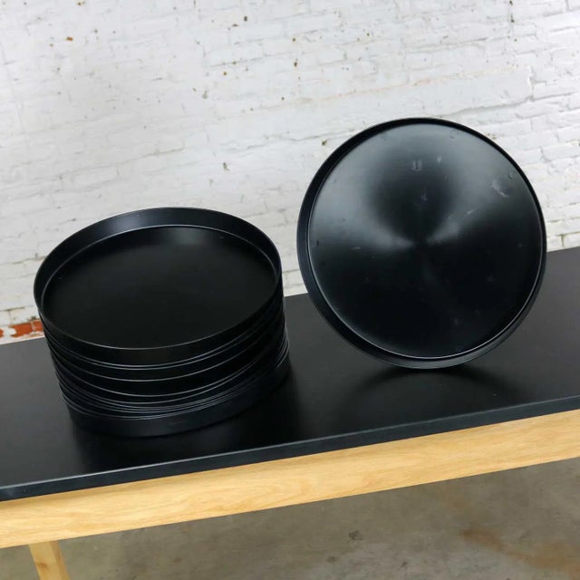 Plastic 1970s Mid Century Modern Trays Round Black Plastic Splatter Platters by Sabe’s - 12 pcs For Sale - Image 7 of 11