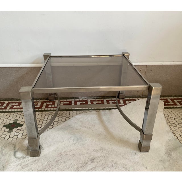 Metal Pair of Metal Deco Tables With Smoked Glass Tops, 1960's, French For Sale - Image 7 of 17