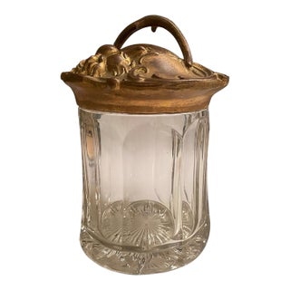 Antique Leaded Glass Tobacco Leaf Humidifier With Gold Finish Iron Lid For Sale