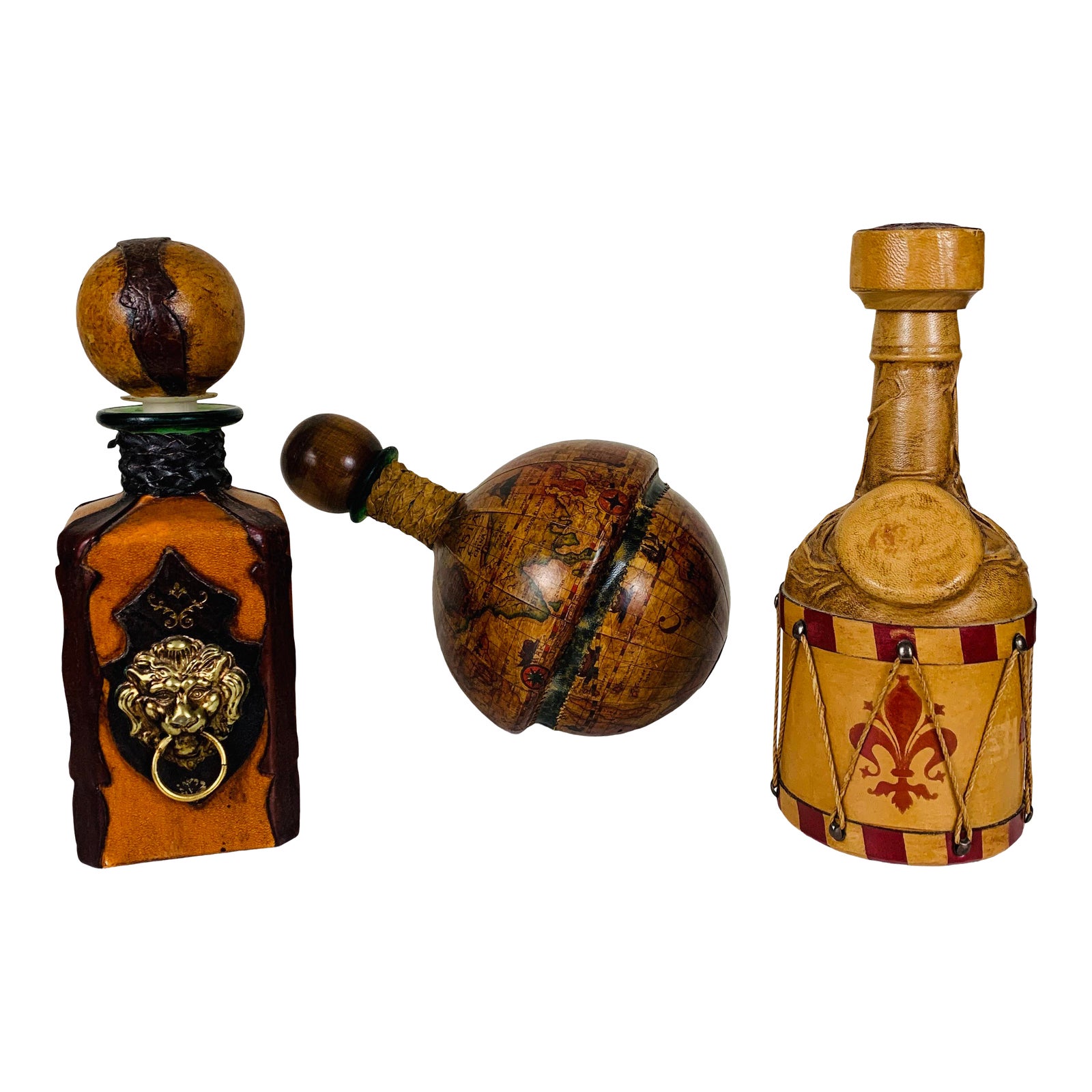 Vintage Mid Century Italian Tooled Leather Wrapped Decanter Bottles Set Of 3 Chairish