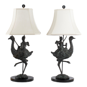 Mid 20th Century Charming Pair of Bronze Ostrich Lamps With Cherubs
