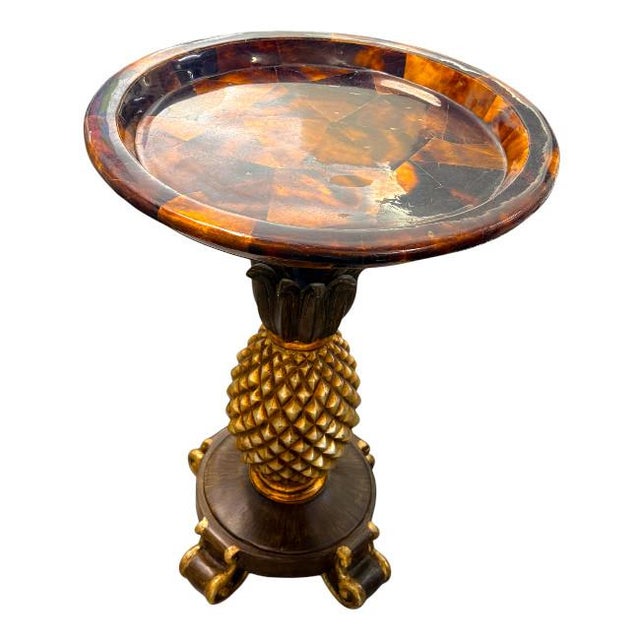 Mid 20th Century Vintage Hollywood Regency Faux Tortoiseshell Tray Top Pineapple Pedestal Accent Table For Sale - Image 5 of 7