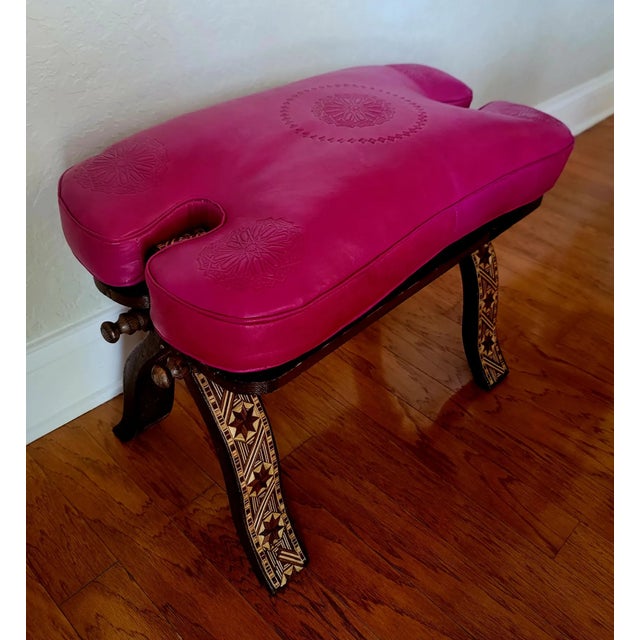 2020s Handcrafted Moroccan Camel Saddle, Genuine Leather Cushion Stool / Pink For Sale - Image 5 of 10