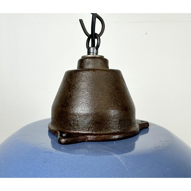 Industrial Blue Enamel and Cast Iron Pendant Light with Glass Cover, 1960s For Sale - Image 4 of 18