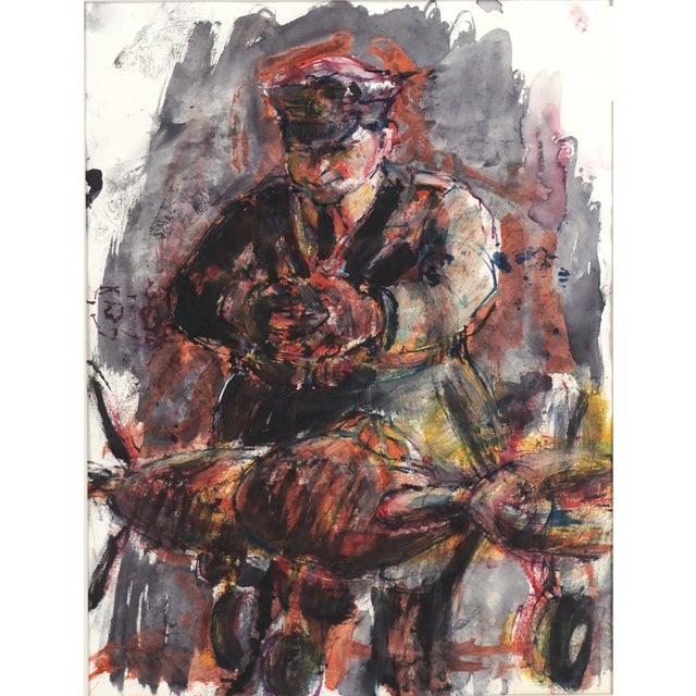 Wonderful abstract expressionist figurative of a pilot and his plane attributed to Jean Kellogg (American, 1910 - 1995),...