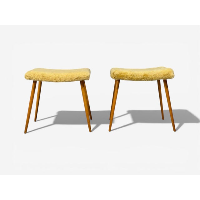 Swedish Mid-Century Modern, Footstools, Imitation Fur, Wood, Sweden, 1950's Pair of footstools or ottomans designed ad...