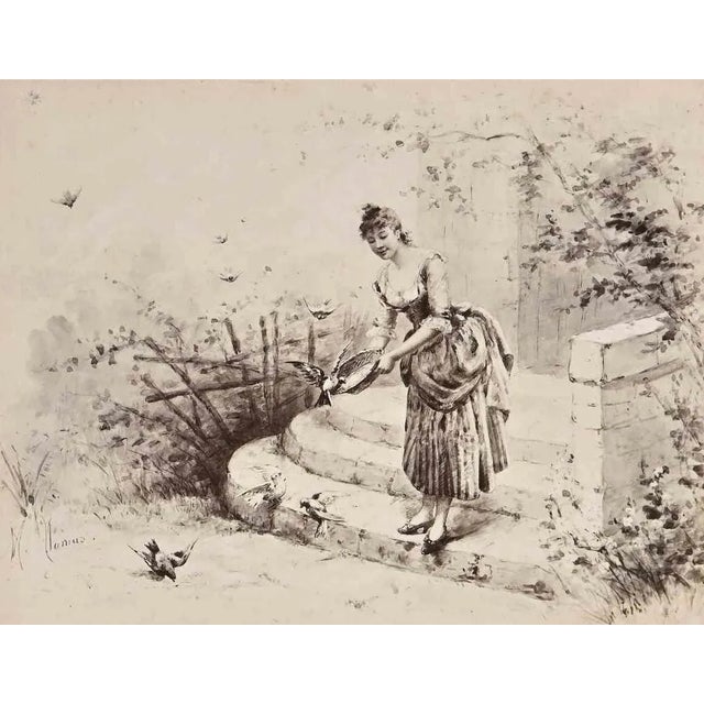 Feeding the Birds is vintage photograph realized in the late 19th Century after a drawing by Michel Dumas. Good condition...