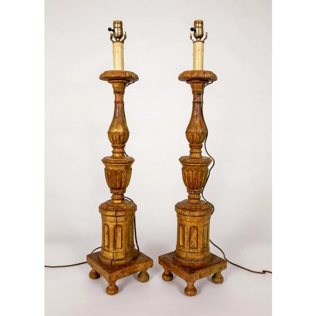 Early 20th Century Large Neoclassical Carved Gilt Wood Lamps - Pair For Sale In San Francisco - Image 6 of 12
