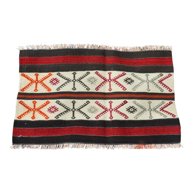 1950s Hair Band Motif Rustic Style Turkish Vintage Handwoven Kilim Rug For Sale