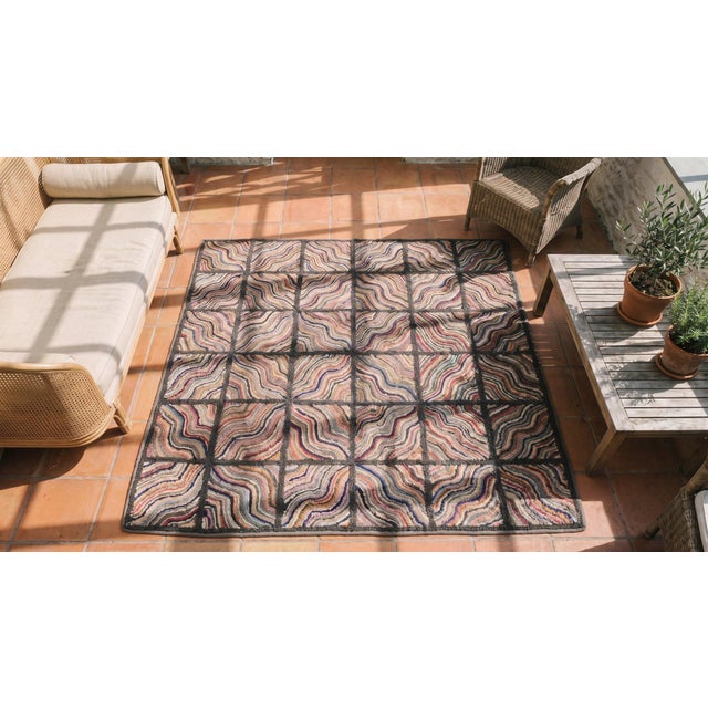 1930s Multicolor Checks Abstract Antique American Hooked Rug 5'10" X 6'0" Handknotted Wool Carpet For Sale - Image 9 of 9