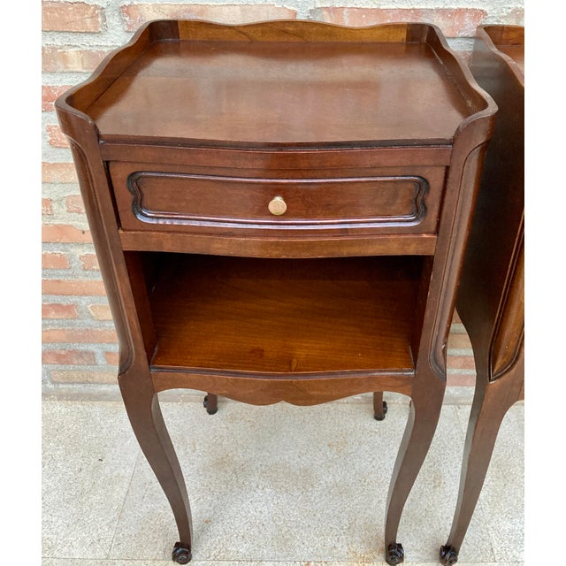 French Walnut Nightstand with Drawers and Shelf, 1950s, Set of 2 For Sale - Image 9 of 16