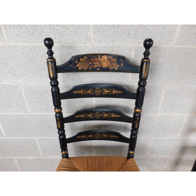 Black L Hitchcock Harvest Stenciled Black Ladder Back Rush Bottom Dining Chairs - Set of 8 For Sale - Image 8 of 18