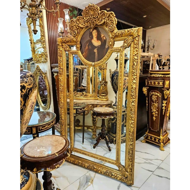 French French Gold Leaf Mirror – Ornate Gold Frame With Portrait Detail For Sale - Image 3 of 4