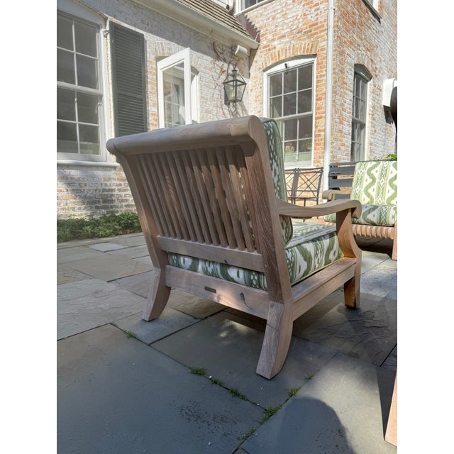 4 Teak Club Chairs With Seat and Back Cushions in Quadrille China Seas Bali Hai in Green For Sale - Image 10 of 14