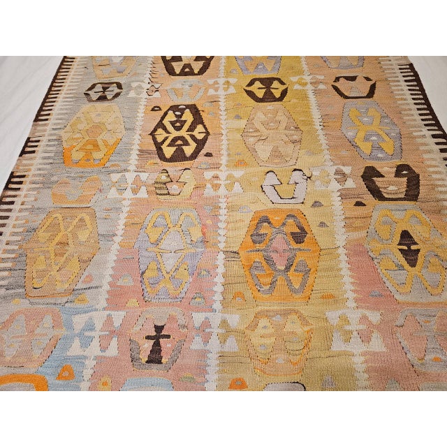 Vintage Anatolian Kilim Area Rug, Hand-Woven Wool, Geometric Design,Tan & Pale Green, 5x10 For Sale - Image 14 of 14