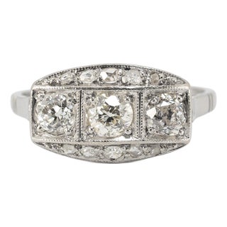 Antique Edwardian Platinum 0.63ct Old European Diamond Three Stone Band Ring, Size 6 For Sale