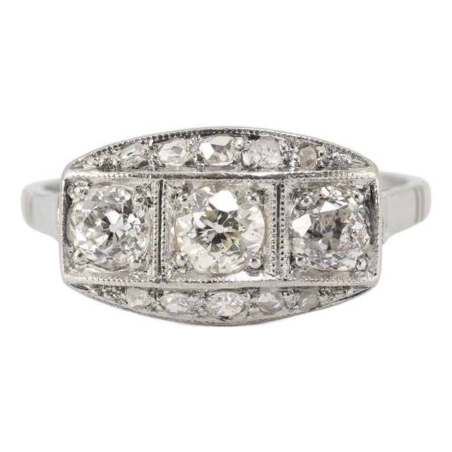 Antique Edwardian Platinum 0.63ct Old European Diamond Three Stone Band Ring, Size 6 For Sale