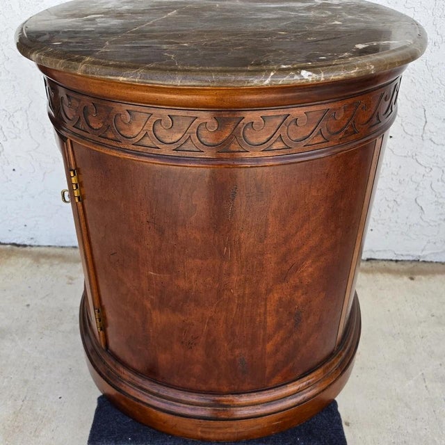 Henredon Style Mahogany & Marble Drum Center Side Bedside Table For Sale In Miami - Image 6 of 13