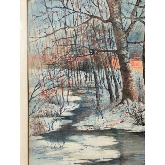 Antique Original 1921 Terwilliger Winter Forest Watercolor Gouache Painting For Sale - Image 11 of 13