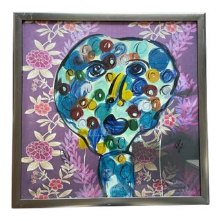 Large Late 20th Century Abstract Face Portrait Acrylic Painting by Peter Keil, Framed For Sale
