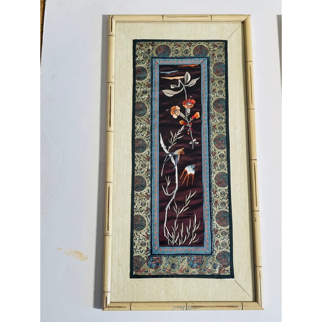 1930s Three Antique Chinese Chinoiserie Embroidered Silk Oanels Framed For Sale - Image 5 of 11