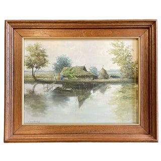 V. Chaiduang, Village View Near the Water, Late 20th Century, Oil on Canvas For Sale