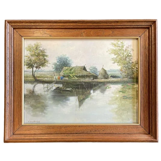 V. Chaiduang, Village View Near the Water, Late 20th Century, Oil on Canvas For Sale