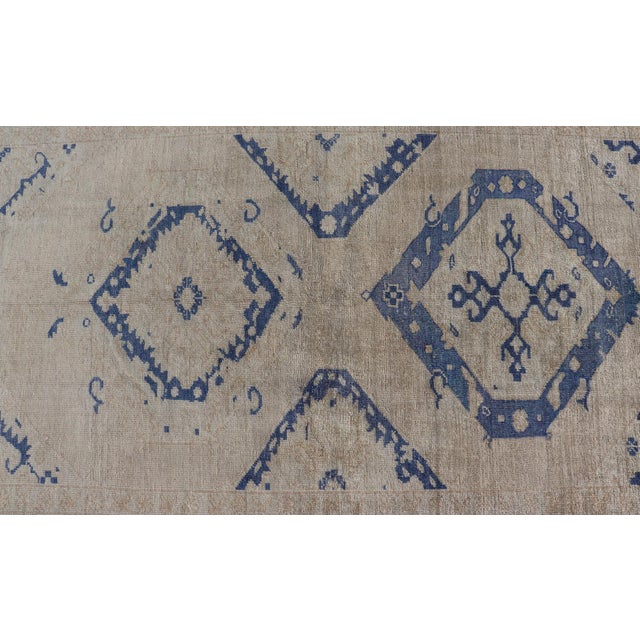Mid 20th Century Turkish Oushak Gallery Rug in Blue and Cream With Geometric Design 4'6 X 12'6 For Sale - Image 5 of 12
