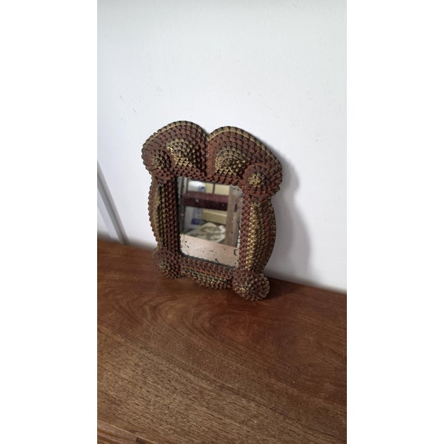 Antique Tramp Art Mirror, Folk Art Carved Wood Mirror, Rustic Americana Wall Decor, Hand Carved Wooden Frame For Sale - Image 13 of 15